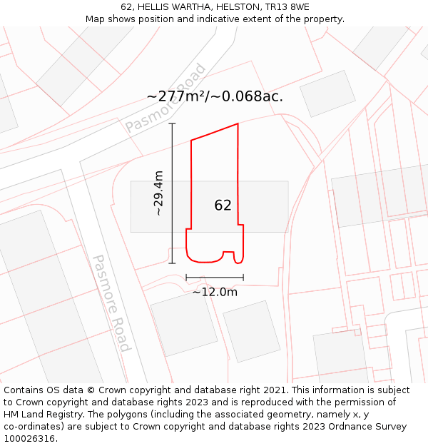 62, HELLIS WARTHA, HELSTON, TR13 8WE: Plot and title map