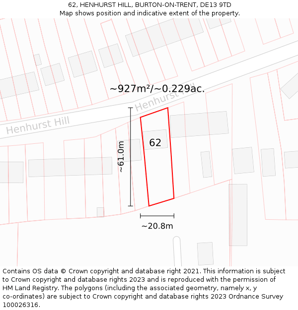 62, HENHURST HILL, BURTON-ON-TRENT, DE13 9TD: Plot and title map