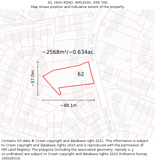 62, HIGH ROAD, RAYLEIGH, SS6 7AD: Plot and title map