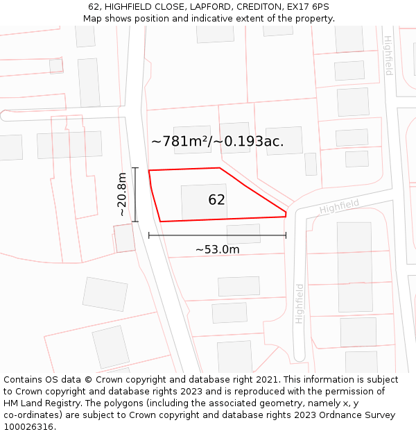 62, HIGHFIELD CLOSE, LAPFORD, CREDITON, EX17 6PS: Plot and title map