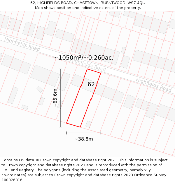 62, HIGHFIELDS ROAD, CHASETOWN, BURNTWOOD, WS7 4QU: Plot and title map