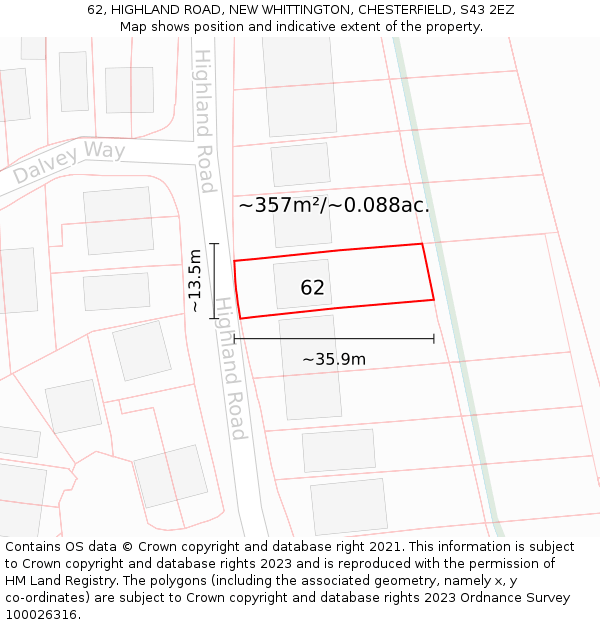 62, HIGHLAND ROAD, NEW WHITTINGTON, CHESTERFIELD, S43 2EZ: Plot and title map