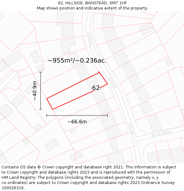 62, HILLSIDE, BANSTEAD, SM7 1HF: Plot and title map