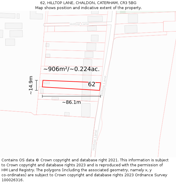 62, HILLTOP LANE, CHALDON, CATERHAM, CR3 5BG: Plot and title map