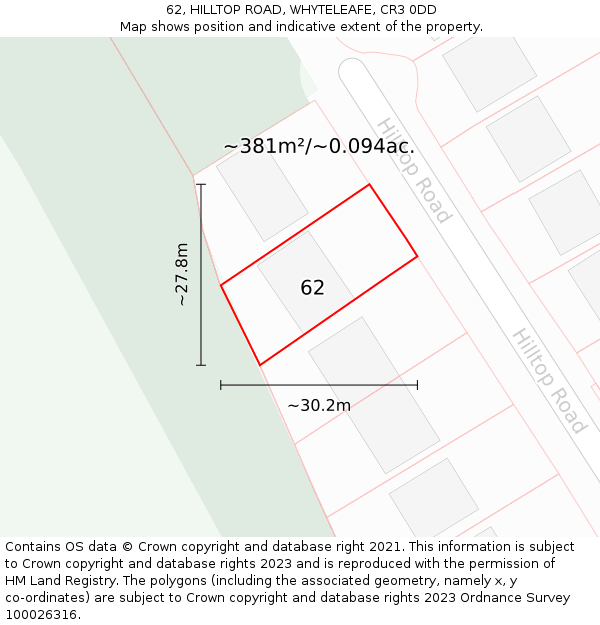 62, HILLTOP ROAD, WHYTELEAFE, CR3 0DD: Plot and title map