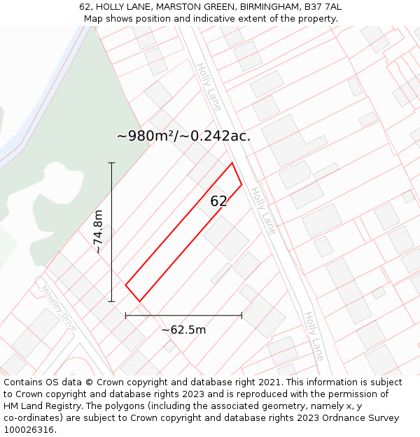 62, HOLLY LANE, MARSTON GREEN, BIRMINGHAM, B37 7AL: Plot and title map