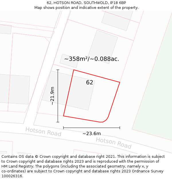 62, HOTSON ROAD, SOUTHWOLD, IP18 6BP: Plot and title map