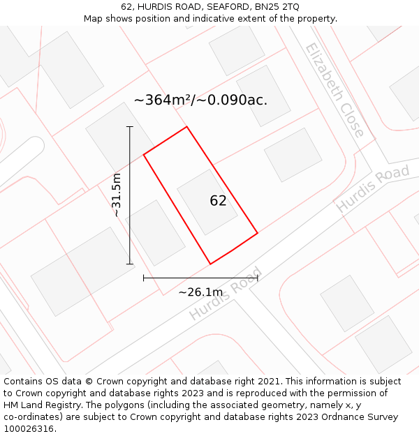 62, HURDIS ROAD, SEAFORD, BN25 2TQ: Plot and title map
