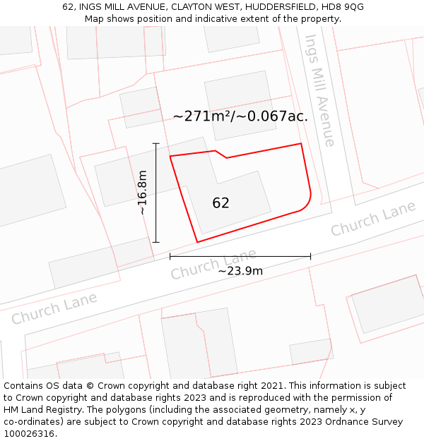 62, INGS MILL AVENUE, CLAYTON WEST, HUDDERSFIELD, HD8 9QG: Plot and title map