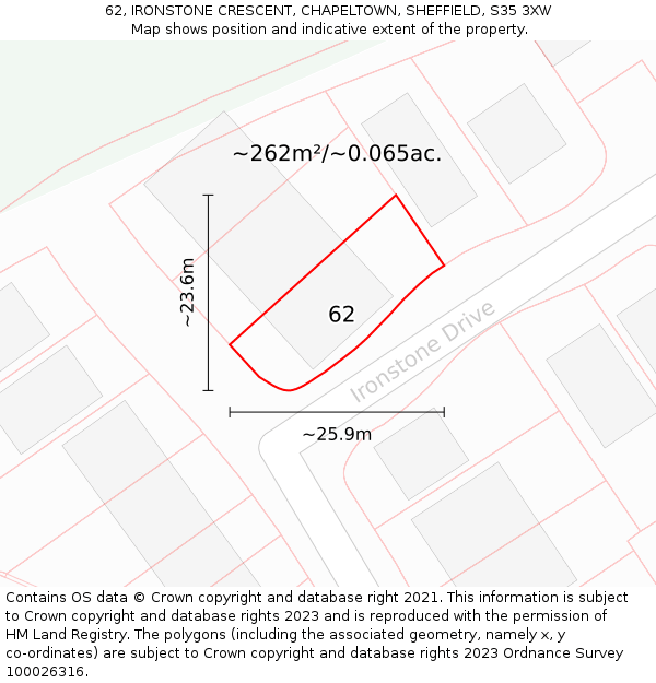 62, IRONSTONE CRESCENT, CHAPELTOWN, SHEFFIELD, S35 3XW: Plot and title map