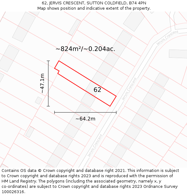 62, JERVIS CRESCENT, SUTTON COLDFIELD, B74 4PN: Plot and title map