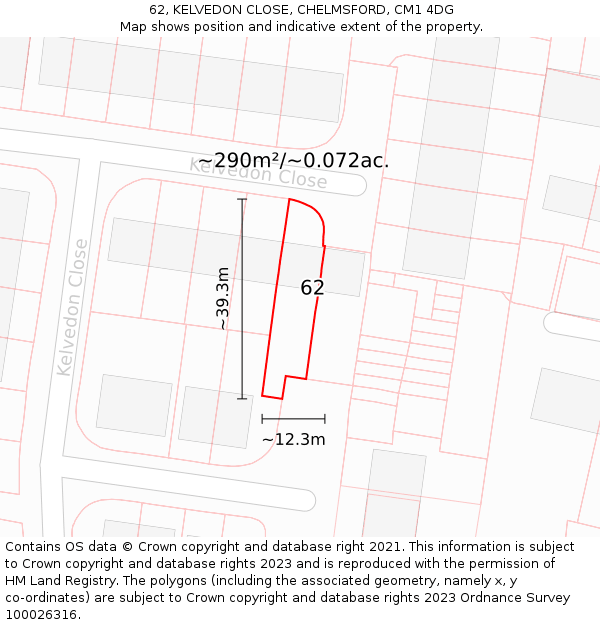 62, KELVEDON CLOSE, CHELMSFORD, CM1 4DG: Plot and title map