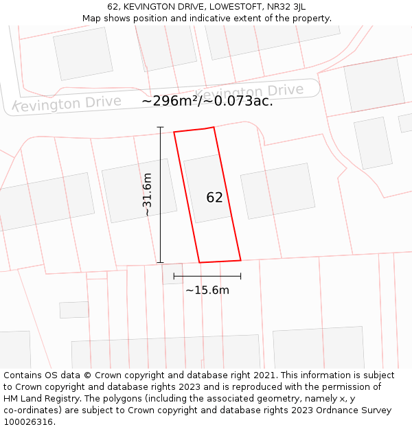 62, KEVINGTON DRIVE, LOWESTOFT, NR32 3JL: Plot and title map