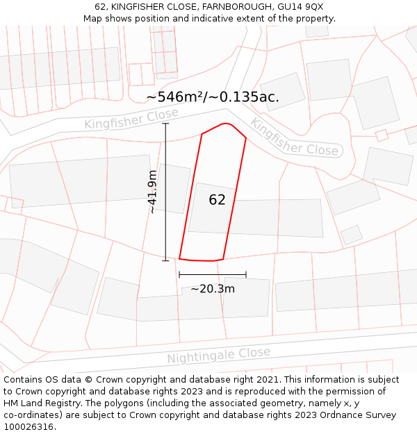 62, KINGFISHER CLOSE, FARNBOROUGH, GU14 9QX: Plot and title map