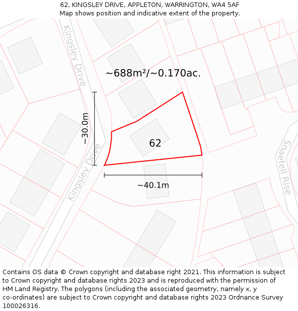 62, KINGSLEY DRIVE, APPLETON, WARRINGTON, WA4 5AF: Plot and title map