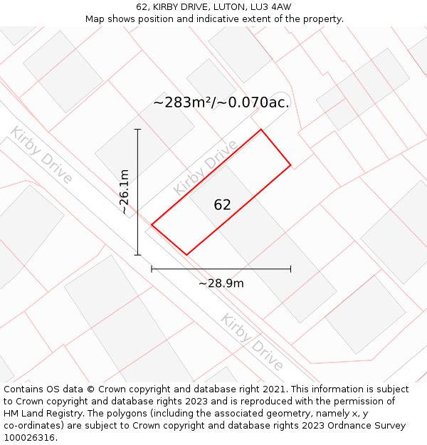 62, KIRBY DRIVE, LUTON, LU3 4AW: Plot and title map