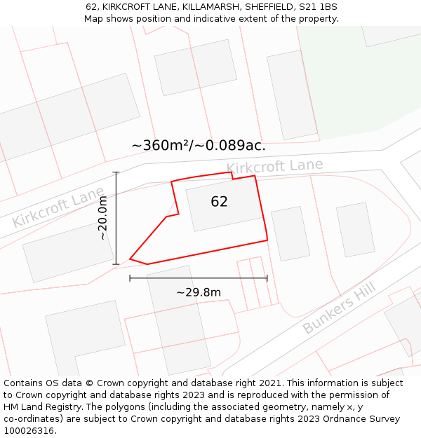 62, KIRKCROFT LANE, KILLAMARSH, SHEFFIELD, S21 1BS: Plot and title map