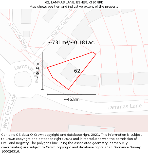 62, LAMMAS LANE, ESHER, KT10 8PD: Plot and title map