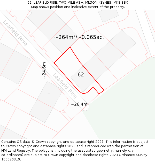 62, LEAFIELD RISE, TWO MILE ASH, MILTON KEYNES, MK8 8BX: Plot and title map