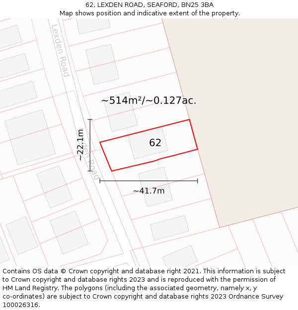 62, LEXDEN ROAD, SEAFORD, BN25 3BA: Plot and title map