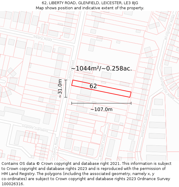 62, LIBERTY ROAD, GLENFIELD, LEICESTER, LE3 8JG: Plot and title map