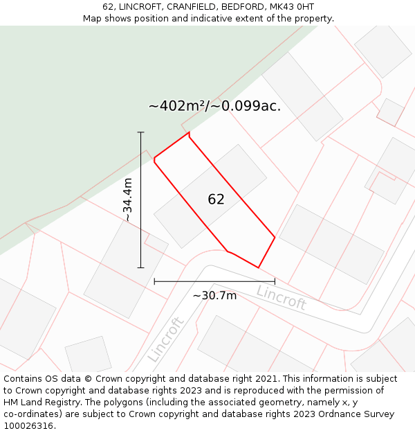 62, LINCROFT, CRANFIELD, BEDFORD, MK43 0HT: Plot and title map