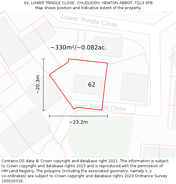 62, LOWER TRINDLE CLOSE, CHUDLEIGH, NEWTON ABBOT, TQ13 0FB: Plot and title map
