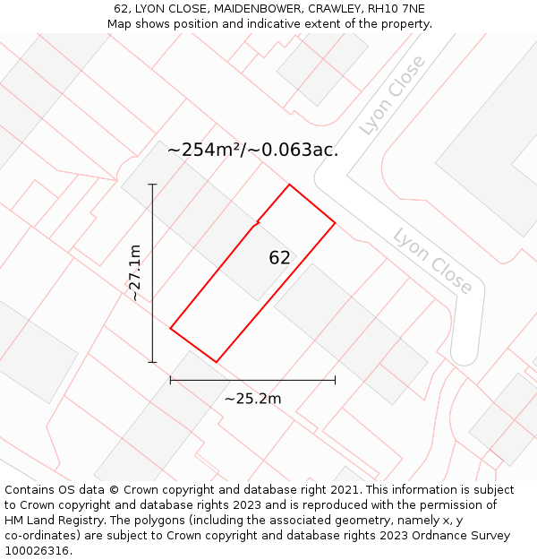 62, LYON CLOSE, MAIDENBOWER, CRAWLEY, RH10 7NE: Plot and title map
