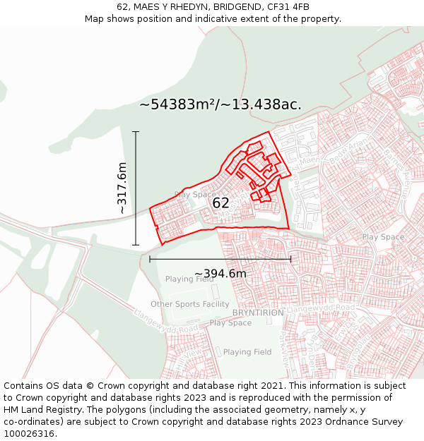 62, MAES Y RHEDYN, BRIDGEND, CF31 4FB: Plot and title map