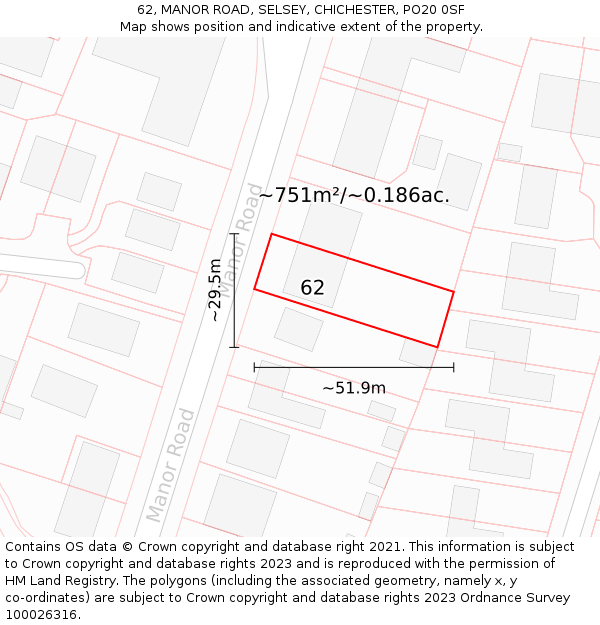 62, MANOR ROAD, SELSEY, CHICHESTER, PO20 0SF: Plot and title map