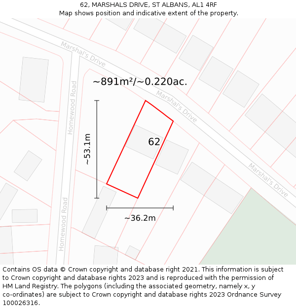 62, MARSHALS DRIVE, ST ALBANS, AL1 4RF: Plot and title map