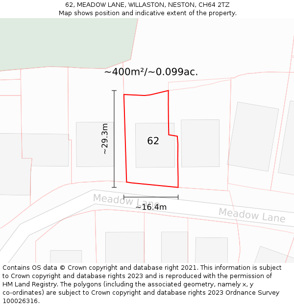 62, MEADOW LANE, WILLASTON, NESTON, CH64 2TZ: Plot and title map