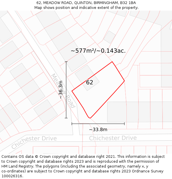 62, MEADOW ROAD, QUINTON, BIRMINGHAM, B32 1BA: Plot and title map