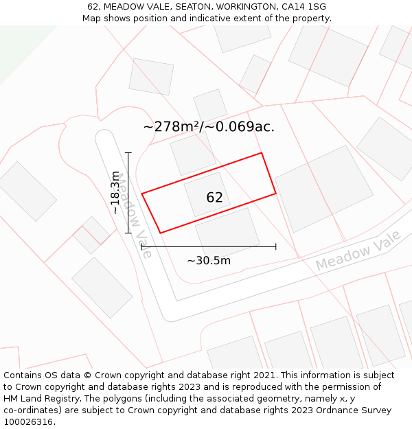 62, MEADOW VALE, SEATON, WORKINGTON, CA14 1SG: Plot and title map