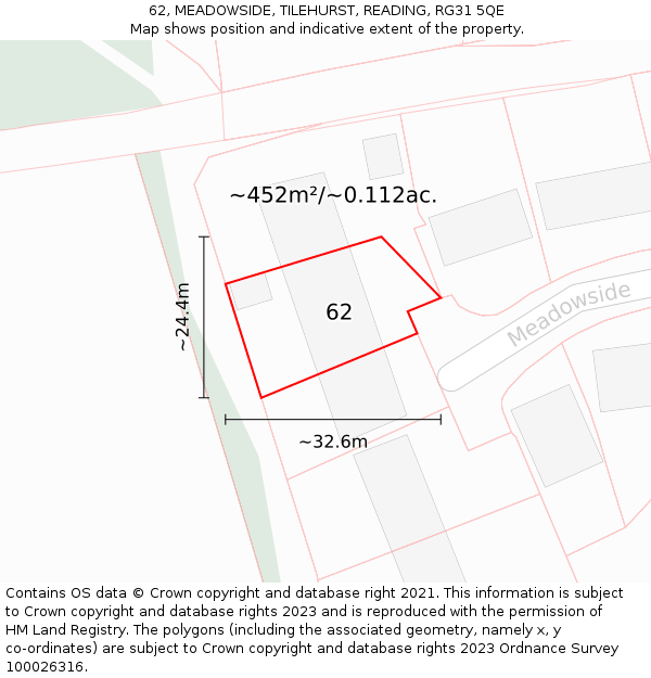 62, MEADOWSIDE, TILEHURST, READING, RG31 5QE: Plot and title map