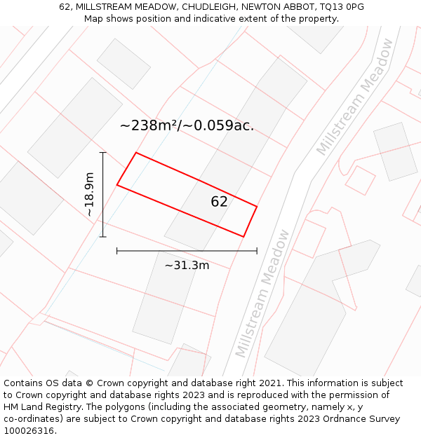 62, MILLSTREAM MEADOW, CHUDLEIGH, NEWTON ABBOT, TQ13 0PG: Plot and title map