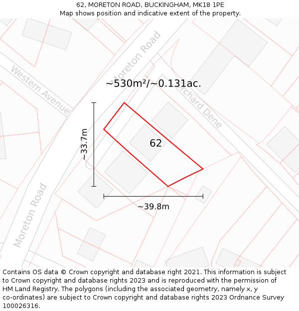 62, MORETON ROAD, BUCKINGHAM, MK18 1PE: Plot and title map