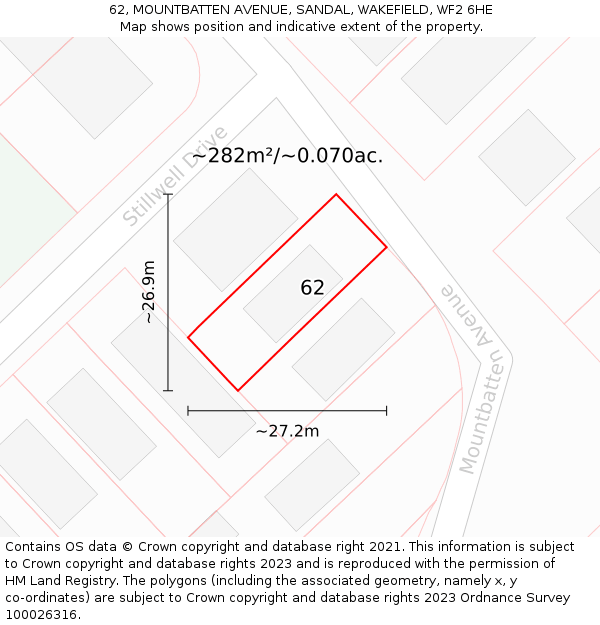 62, MOUNTBATTEN AVENUE, SANDAL, WAKEFIELD, WF2 6HE: Plot and title map