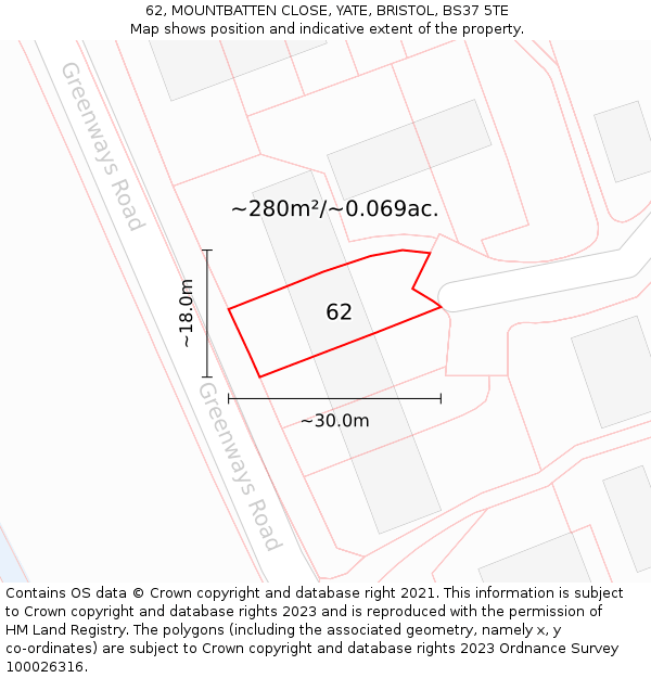 62, MOUNTBATTEN CLOSE, YATE, BRISTOL, BS37 5TE: Plot and title map
