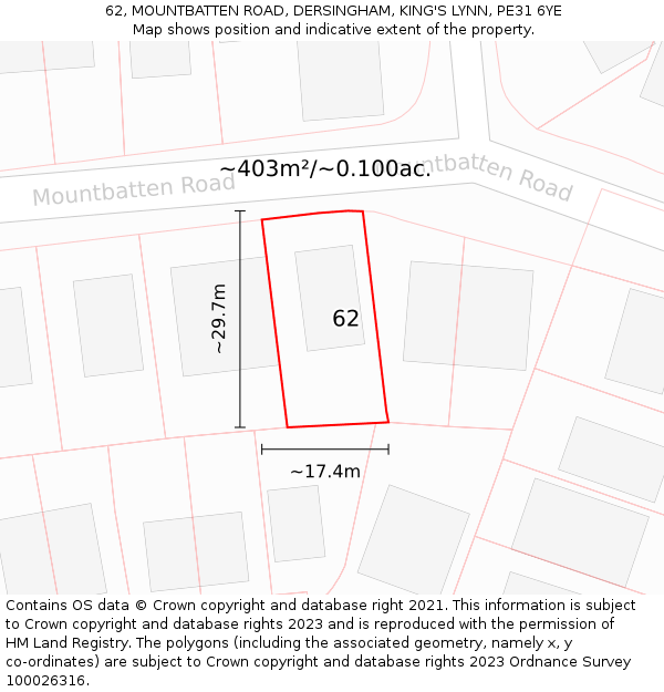 62, MOUNTBATTEN ROAD, DERSINGHAM, KING'S LYNN, PE31 6YE: Plot and title map