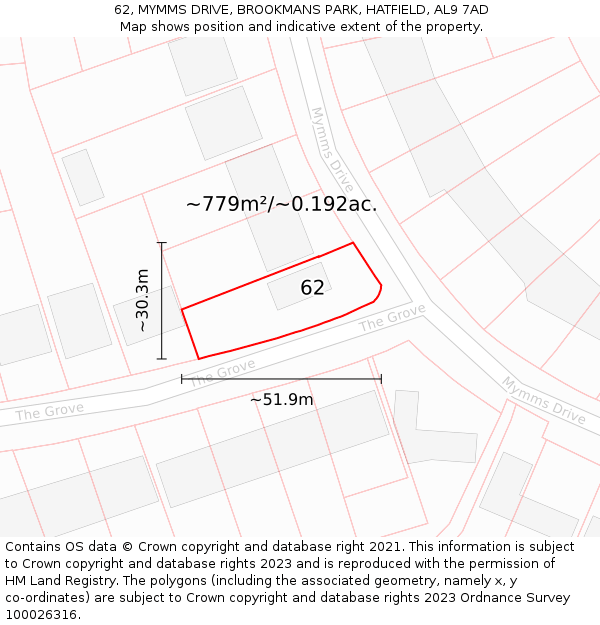 62, MYMMS DRIVE, BROOKMANS PARK, HATFIELD, AL9 7AD: Plot and title map