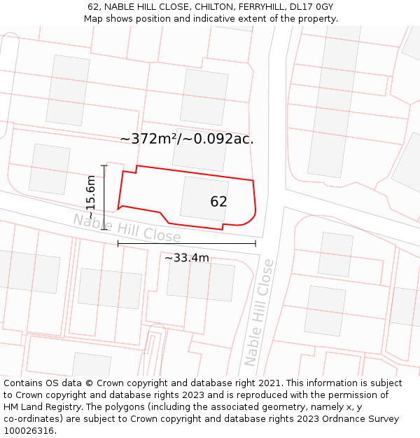 62, NABLE HILL CLOSE, CHILTON, FERRYHILL, DL17 0GY: Plot and title map