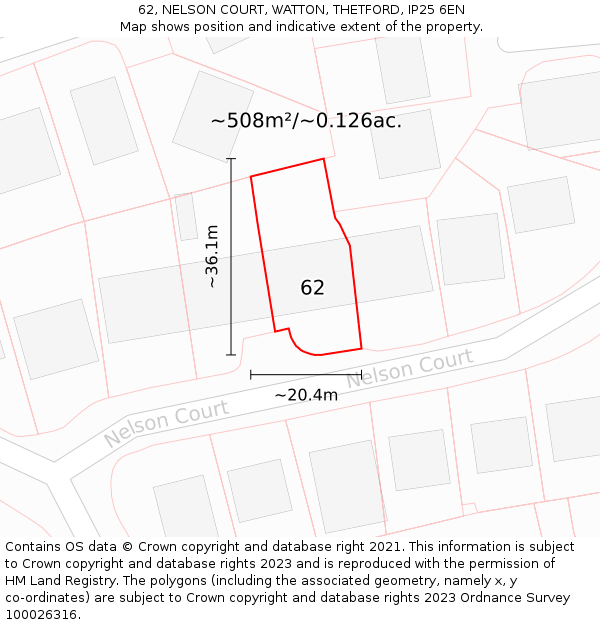 62, NELSON COURT, WATTON, THETFORD, IP25 6EN: Plot and title map