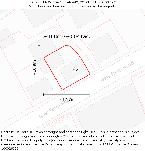 62, NEW FARM ROAD, STANWAY, COLCHESTER, CO3 0PG: Plot and title map