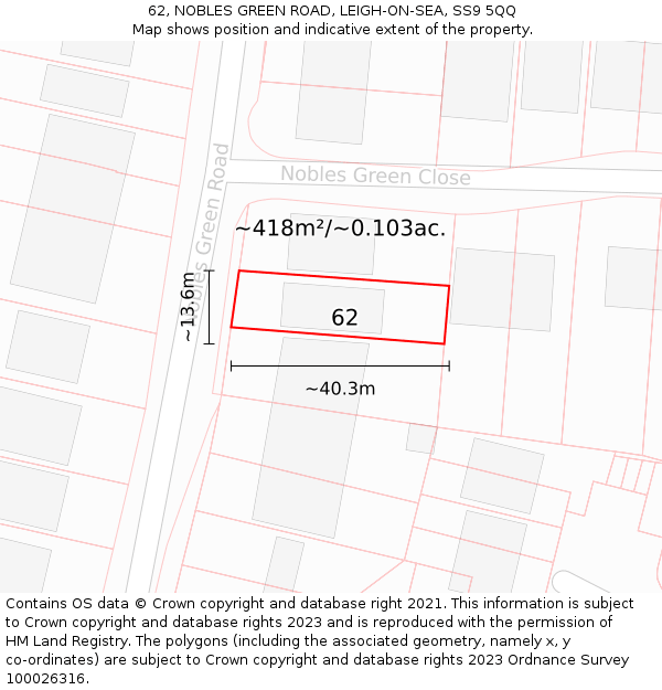 62, NOBLES GREEN ROAD, LEIGH-ON-SEA, SS9 5QQ: Plot and title map