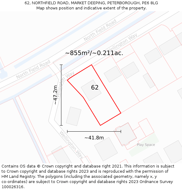 62, NORTHFIELD ROAD, MARKET DEEPING, PETERBOROUGH, PE6 8LG: Plot and title map