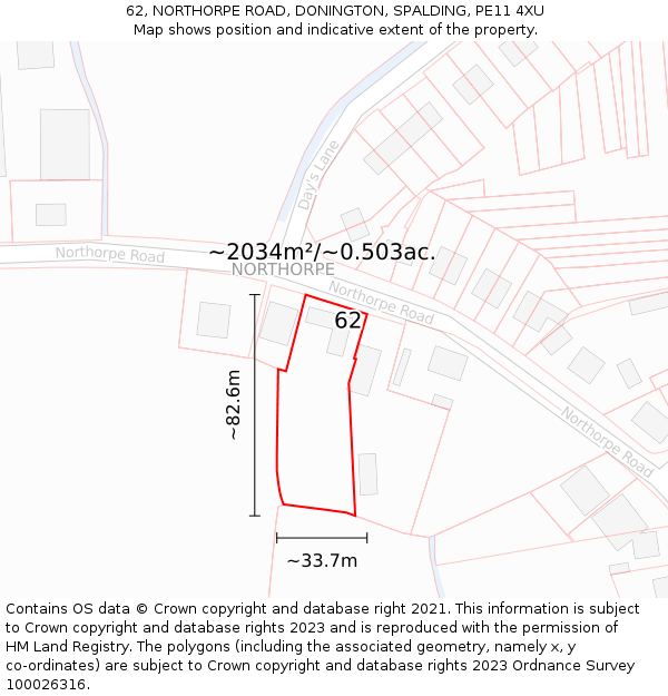 62, NORTHORPE ROAD, DONINGTON, SPALDING, PE11 4XU: Plot and title map