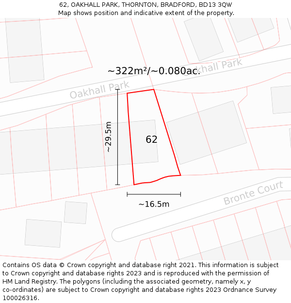 62, OAKHALL PARK, THORNTON, BRADFORD, BD13 3QW: Plot and title map