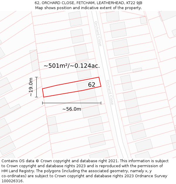 62, ORCHARD CLOSE, FETCHAM, LEATHERHEAD, KT22 9JB: Plot and title map