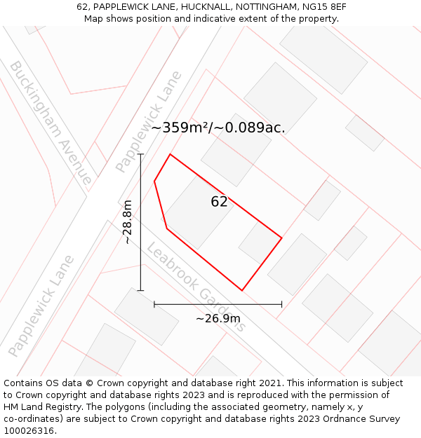 62, PAPPLEWICK LANE, HUCKNALL, NOTTINGHAM, NG15 8EF: Plot and title map